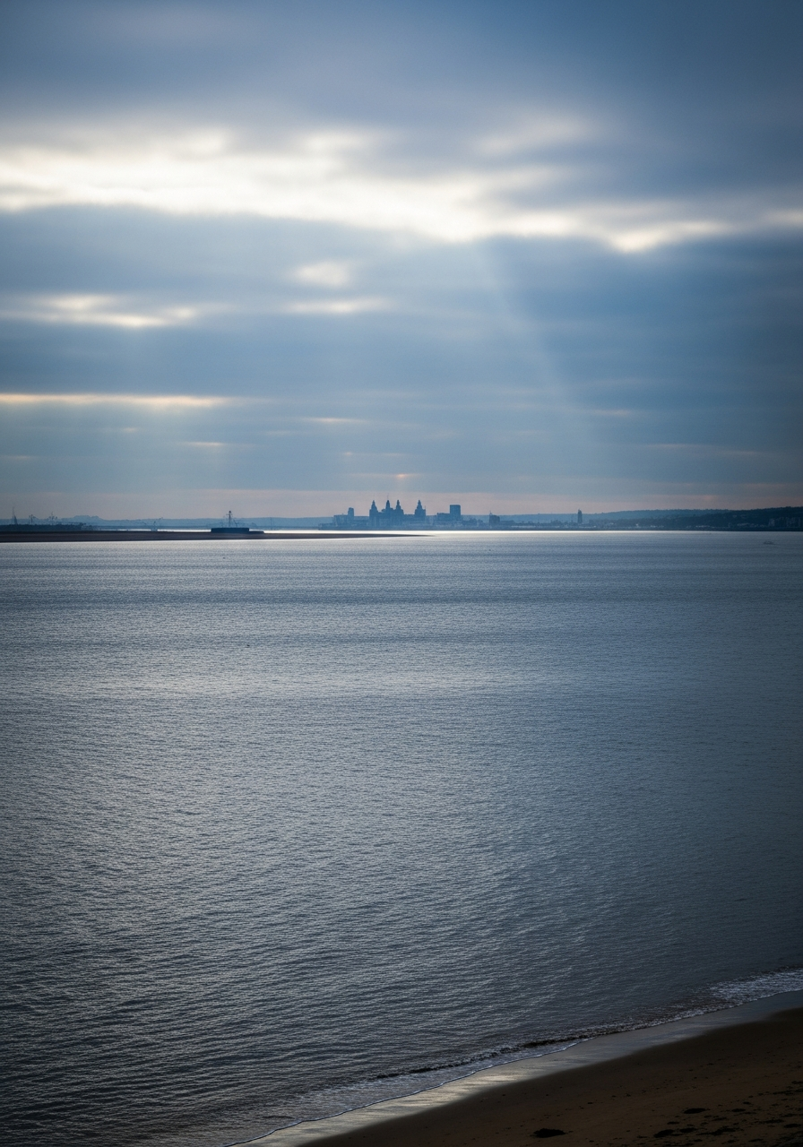 Mersey estuary looking north across the Wirral shore towards the Liverpool skyline in blue-grey light.